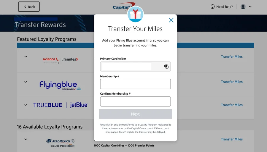 Enter your name and Aeroplan member number